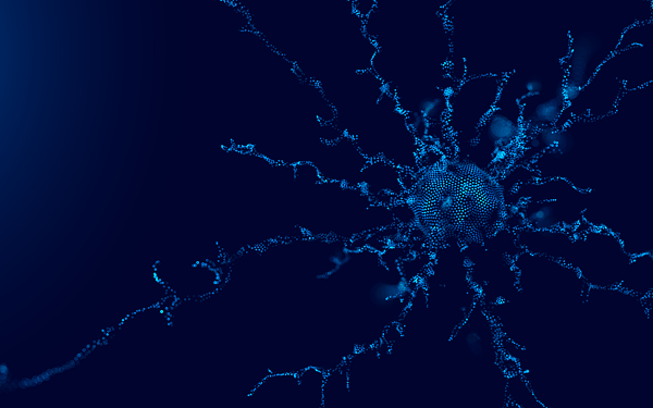 Ilustração abstrata de um neurónio em tons de azul